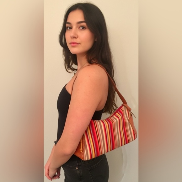 FOSSIL Multi Color Striped Shoulder Purse Baguette Bag Leather Accents and Key - Picture 1 of 11